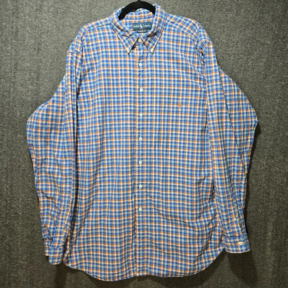 Polo Ralph Lauren Plaid Lined Shirt Mens 2XLT Tall‎ Orange Blue Button Front